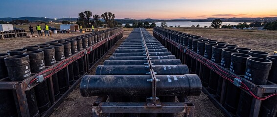 Naklejka premium Professional pyrotechnic mortar tubes line row organized for large firework display near scenic lake under soft sunset twilight sky