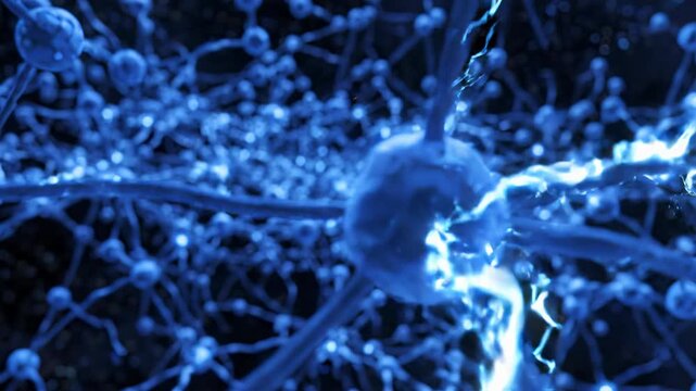 Explore vibrant blue neural network, captivating depiction of active electrical impulses and interconnected neurons, evoking thought, communication, and intense brain activity. This abstract