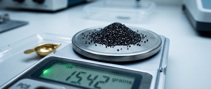 Precision electronic scale measuring black gunpowder grains with high accuracy display in clean laboratory setting for ballistics testing