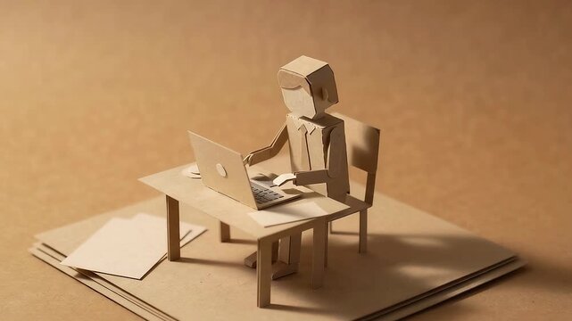 Stop Motion Animation: Papercraft Businessman Working on Laptop at Office Desk