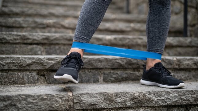 Resistance band stair step detail, adult athlete training lateral strength with ankle band on outdoor stone steps