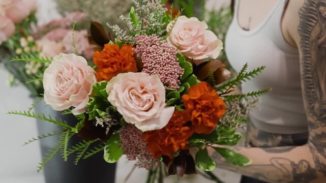 Professional florist arranging colorful bouquet of fresh flowers for wedding event.