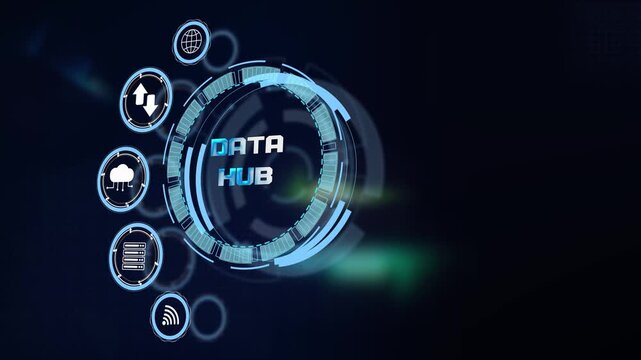 Centralized data hub repository visual displayed on dark cyan glowing futuristic technological hud interface with research icons