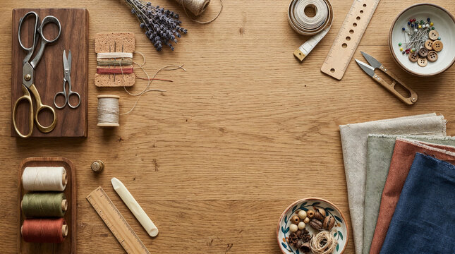 Top-down view of sewing tools, fabric swatches, and craft accessories on a wooden table