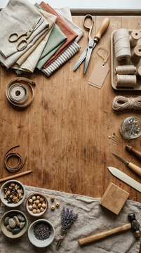 Top-down view of sewing tools, fabric swatches, and craft materials on a wooden table