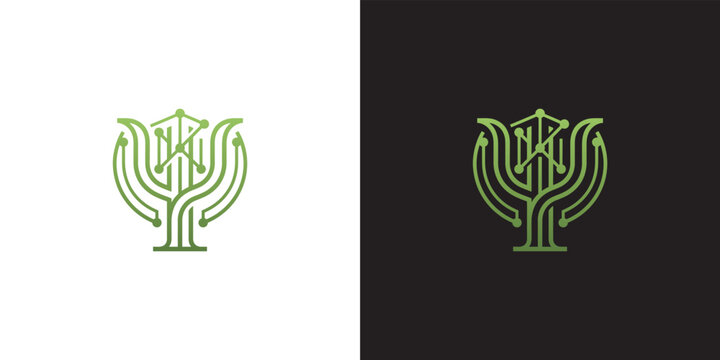Green abstract tree logo with technology circuit lines representing digital growth and eco-friendly innovation for business branding