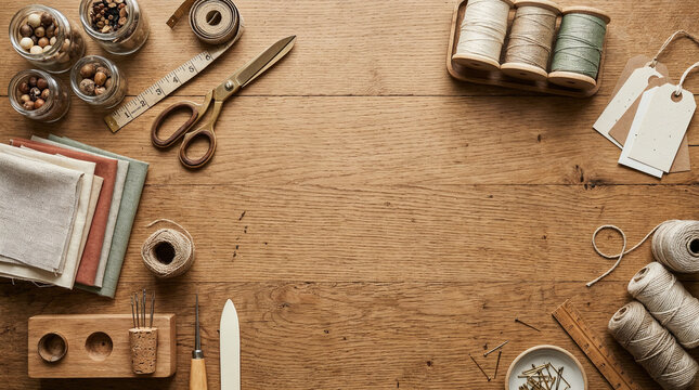 Top-down view of sewing accessories, fabric swatches, and tools on a rustic wooden tabletop