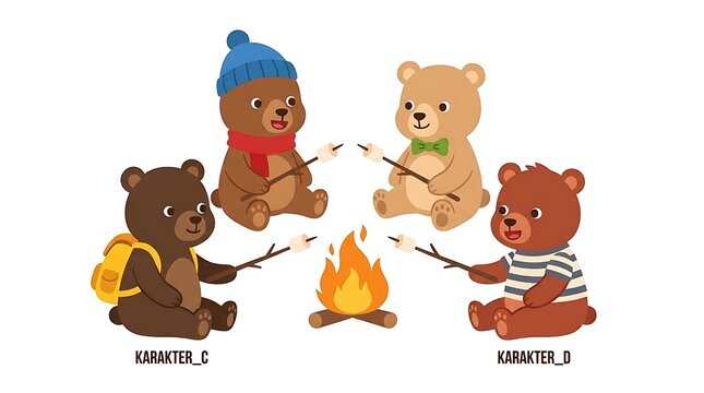 Cute cartoon bears roasting marshmallows around a campfire.