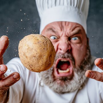 Angry chef shouting at flying potato in kitchen