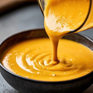 Pouring creamy pumpkin soup into black bowl