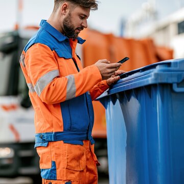 Garbage collector using smartphone near recycling bin