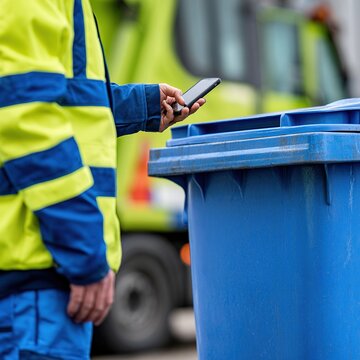 Sanitation worker using smartphone for waste management