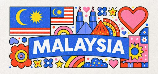 Naklejka premium A lively Independence Day poster from Malaysia featuring bold typography, colorful geometric patterns, and cultural symbols arranged for visual impact.
