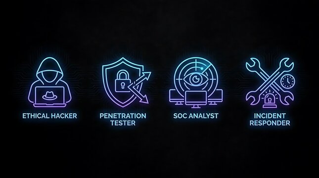 Cybersecurity and ethical hacking neon glowing icons.