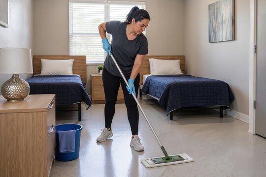 Cleaning shared room of shelter facility with volunteer attending to floors. Volunteer carrying out cleaning tasks in spacious room with twin beds and minimal furniture.