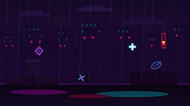 Abstract Neon Night Scene With Floating Symbols.