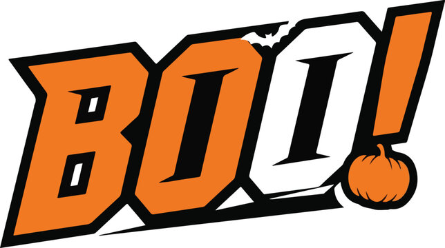 Bold orange boo text with decorative pumpkin accent for spooky season