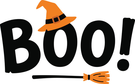 Halloween boo typography design with witch hat and broomstick
