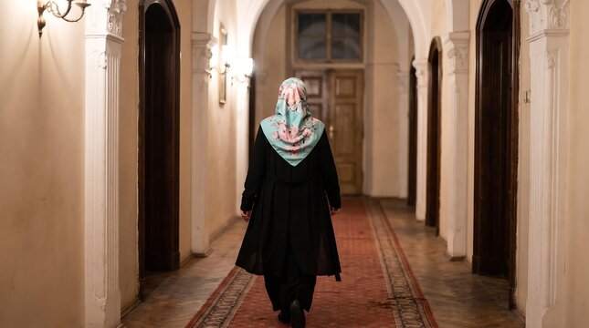 Woman wearing a hijab walking down a long hallway in an ornate building with vintage architecture