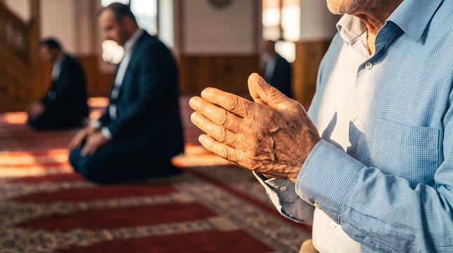 Senior man praying with younger generation in a mosque interior with patterned carpet and warm lighting