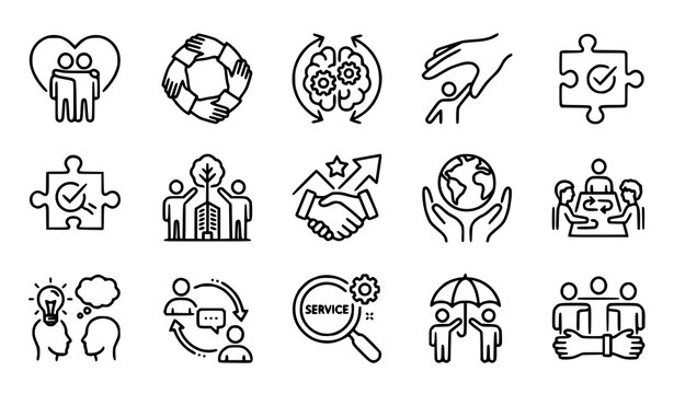 Collection of social responsibility and teamwork icons featuring community and care symbols partnership symbols handshake icon puzzle piece support symbols human values global care