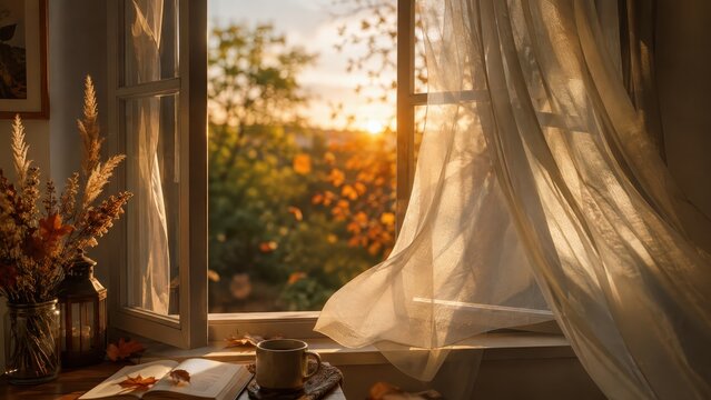 Cozy autumn scene with an open window, a gentle breeze rustling the curtains, a book, and a cup of tea as the sun sets casting a warm glow over the landscape