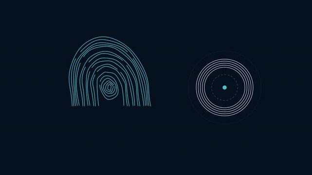 Abstract biometric payment animation where fingerprint ridge patterns transform into a secure authorization token, designed for fintech, digital identity, cybersecurity, banking technology and seamles