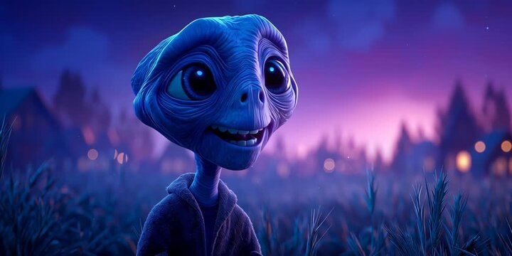 Cute Blue Alien Character in Dreamy Night Landscape