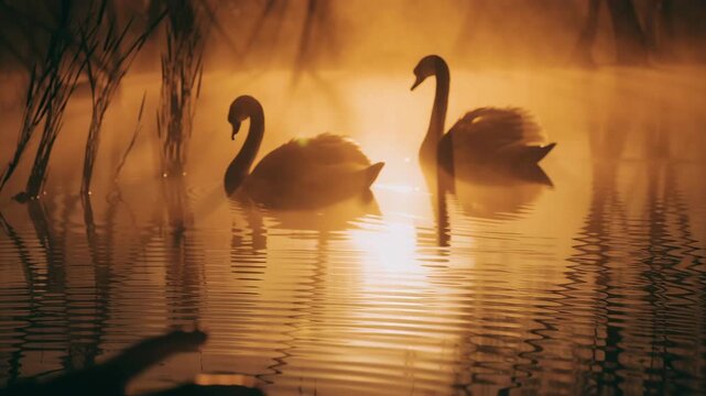 Two Swan Silhouettes on Golden Lake at Sunrise with Reaching Hand