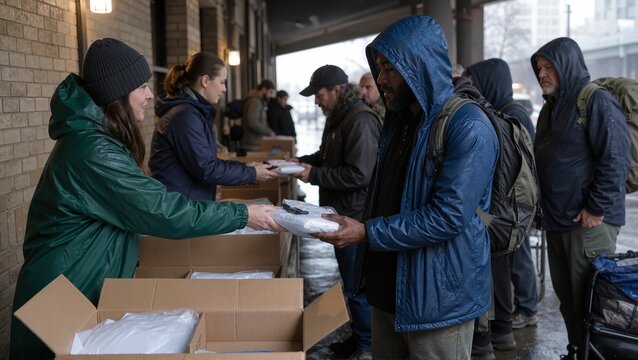 Volunteers distributing rain ponchos during storm outreach event with homeless individuals in need receiving assistance. Community support includes providing essential items to vulnerable populations.