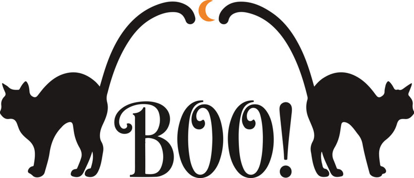 Two spooky black cats facing each other with crescent moon and boo text