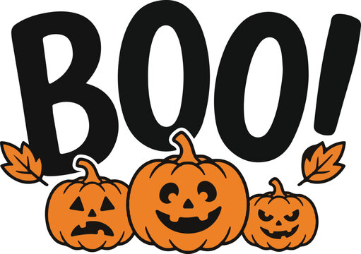 Festive halloween pumpkins and autumn leaves with bold boo typography