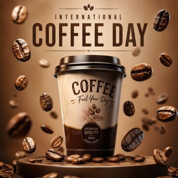 Celebrating International Coffee Day with a steaming cup of coffee and roasted beans, an invitation to savor the moment