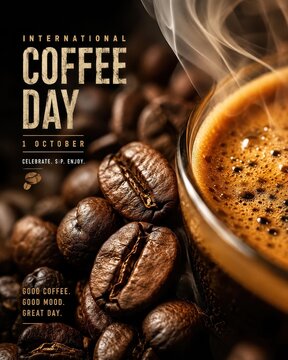 Hot coffee and roasted beans for International Coffee Day celebration