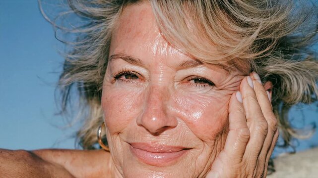 Mature woman with windblown hair and radiant skin against a blue sky