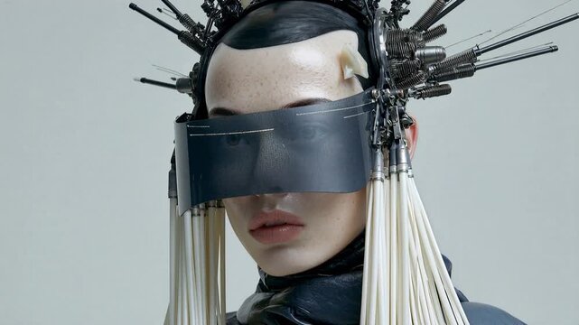 Futuristic geisha with elaborate headpiece and visor