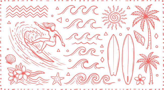 Coral surfing pattern with a surfer waves palm trees and sun for summer sports design.