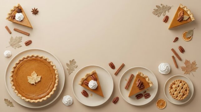 A delightful and warm 3d rendering showcases a variety of pumpkin pies celebrating the spirit of thanksgiving day in canada with autumnal hues