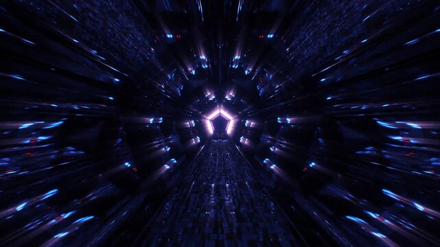 Abstract tunnel with glowing pentagonal lights in deep space movement.