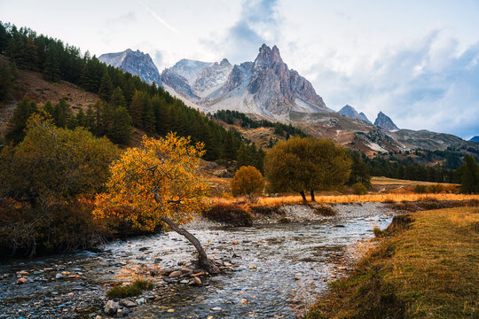 Rocky Mountain Peak over River Flowing Surrounded by Larch Forest in Claree Valley French Alps Nevache France