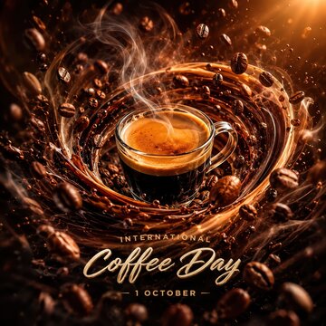 A steaming cup of coffee surrounded by swirling coffee beans, celebrating International Coffee Day