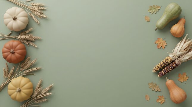 A beautifully rendered 3d depiction of a canadian thanksgiving celebration showcasing autumnal produce and foliage in a serene and inviting composition