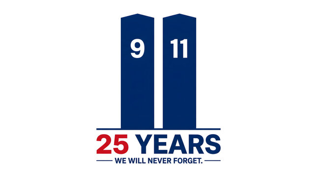 A commemorative graphic design featuring the twin towers silhouette representing the september eleventh attacks with twenty five years of remembrance text on a