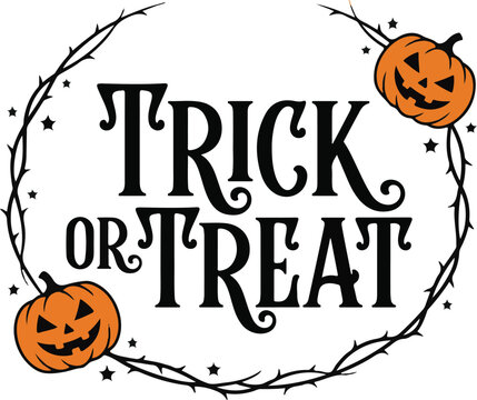 Trick or treat text display framed by thorny branches and grinning pumpkins