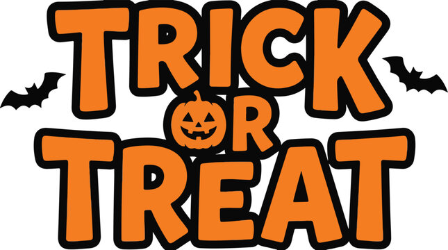 Bold trick or treat text with pumpkin accents and flying bat silhouettes