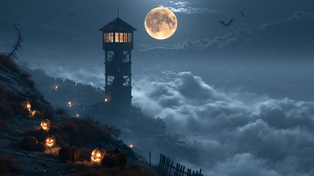 Spooky watchtower sits atop misty mountain with glowing jack o lanterns and full moon on white background