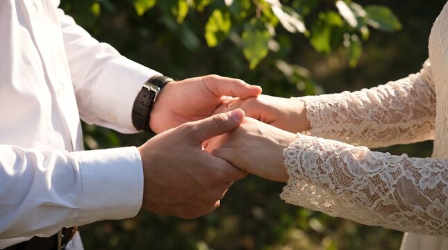 Close up of hands holding together symbolizing love and commitment during an outdoor wedding celebration