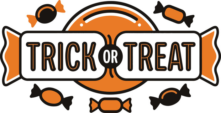 Trick or treat halloween badge with candy graphic on white background
