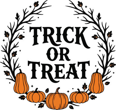 Trick or treat autumn wreath illustration featuring pumpkins and dry branches