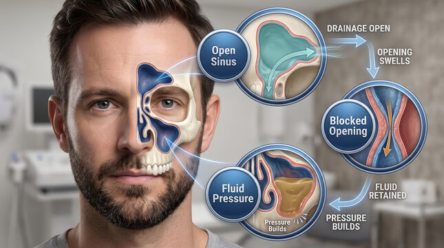 Medical diagram explaining sinus pressure fluid dynamics and nasal congestion in human skull anatomy with fluid diffusion sinus infection medical illustration respiratory health